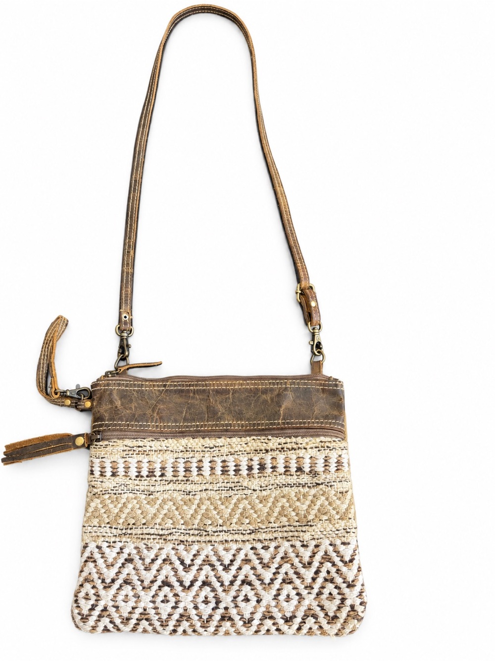 Myra Bag Brown Leather Woven Boho Crossbody Wristlet